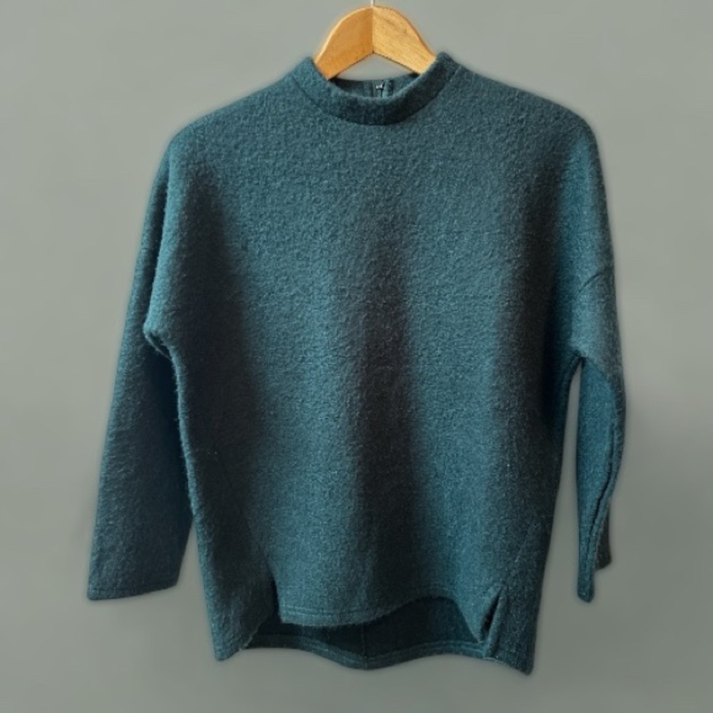 Boiled wool blend mock neck monochrome teal green sweater with fitted detail